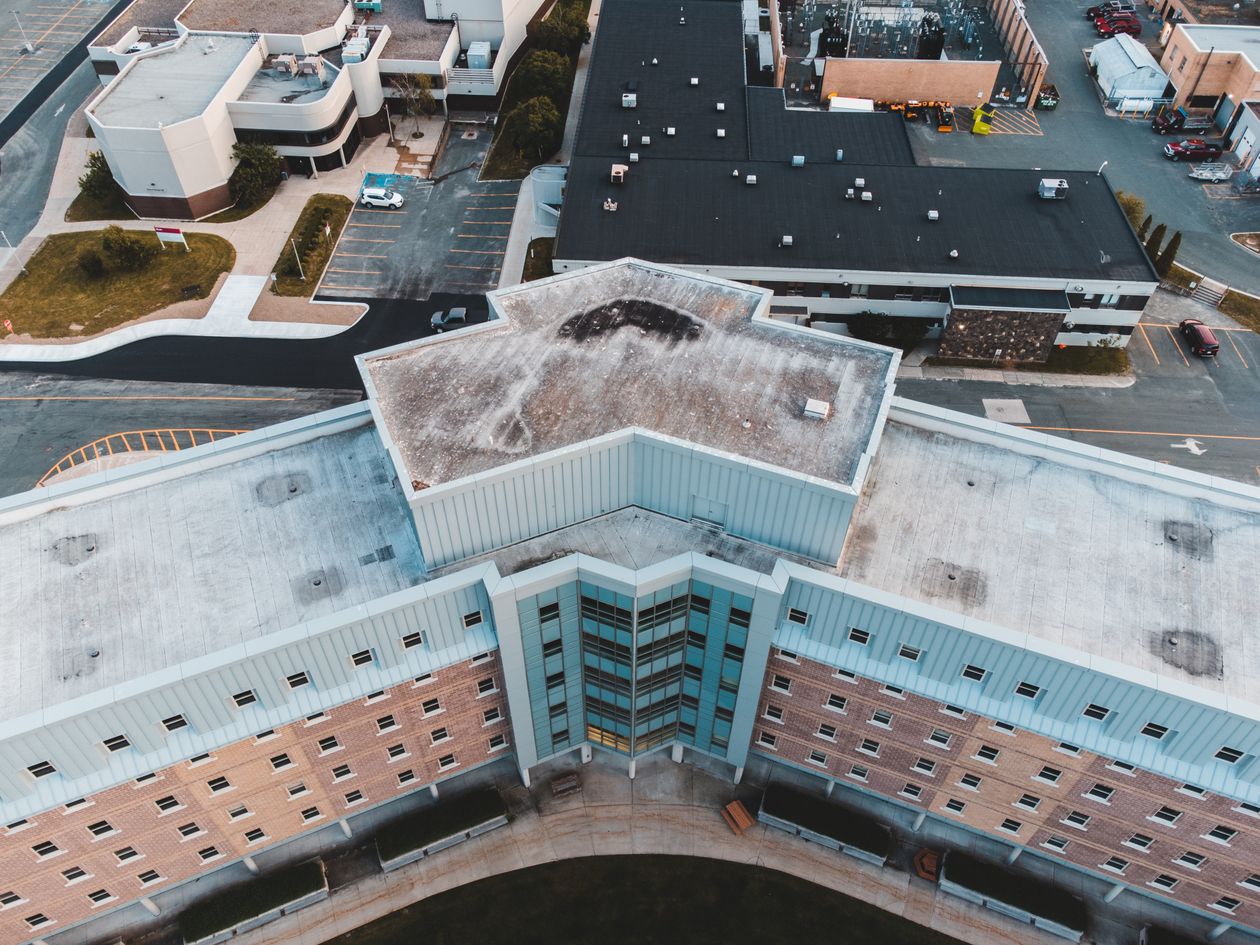 Aerial view of commercial building rooftops